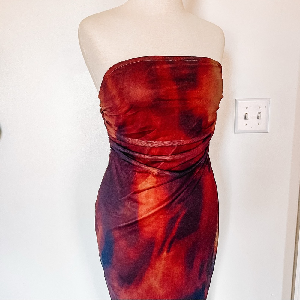 NWT | Strapless Midi Red & Brown Mesh Tie Dye Dress